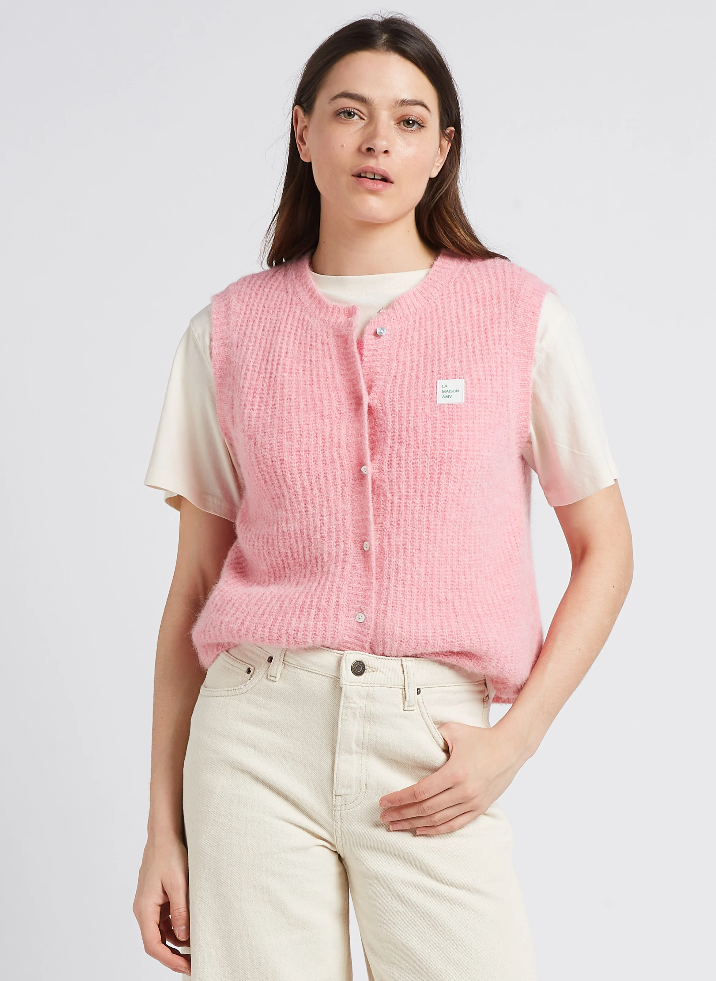 EAST - Gilet sans manches col rond en maille mélangée | Rose