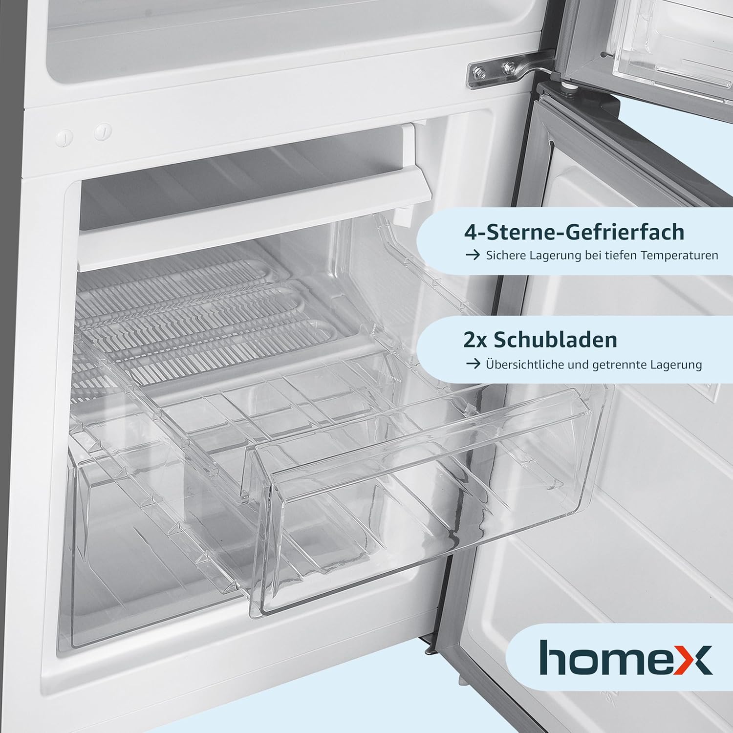 homeX Kühlschrank mit Gefrierfach | Kühl Gefrierkombination freistehend | 173 Liter Nutzinhalt | 4-Sterne Gefrieren | Höhe 142,5 cm | Leise 40 dB | Große Kühlgefrierkombi silber | CFS1110-S