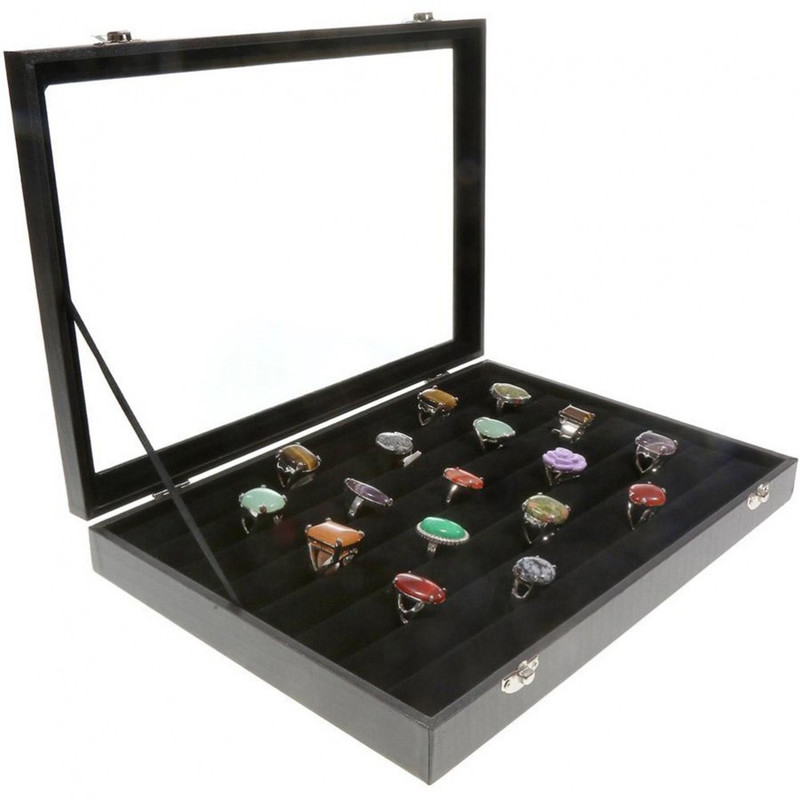 Porte bijoux coffret mallette pour bagues simili cuir noir Noir