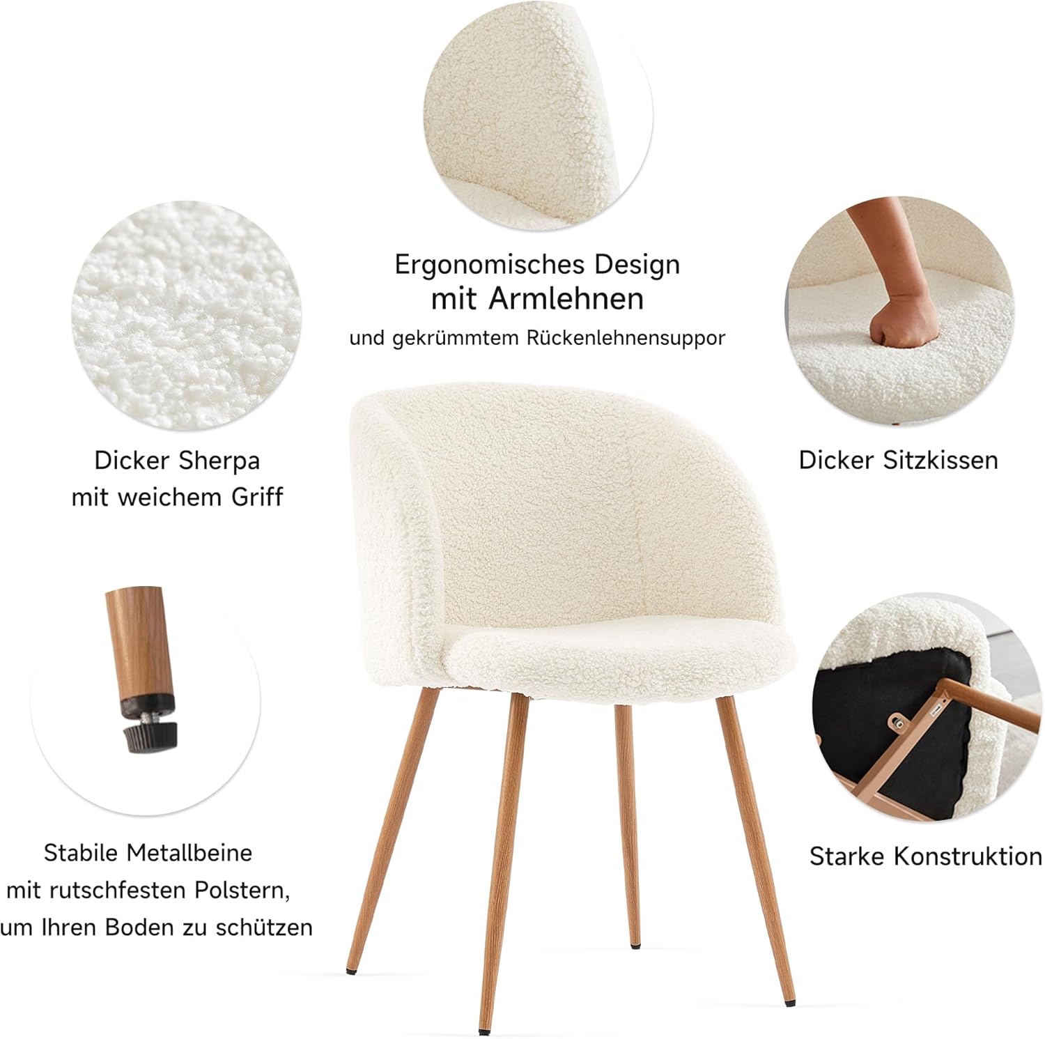 NORDICANA Esszimmerstühle 2er Set, Teddy Sessel, Schminktisch Stuhl, Küchenstühle, Wohnzimmerstuhl, Metallbeine mit Holzmaserungseffekt, Beige, für Wohnzimmer, Esstisch, Schminktisch