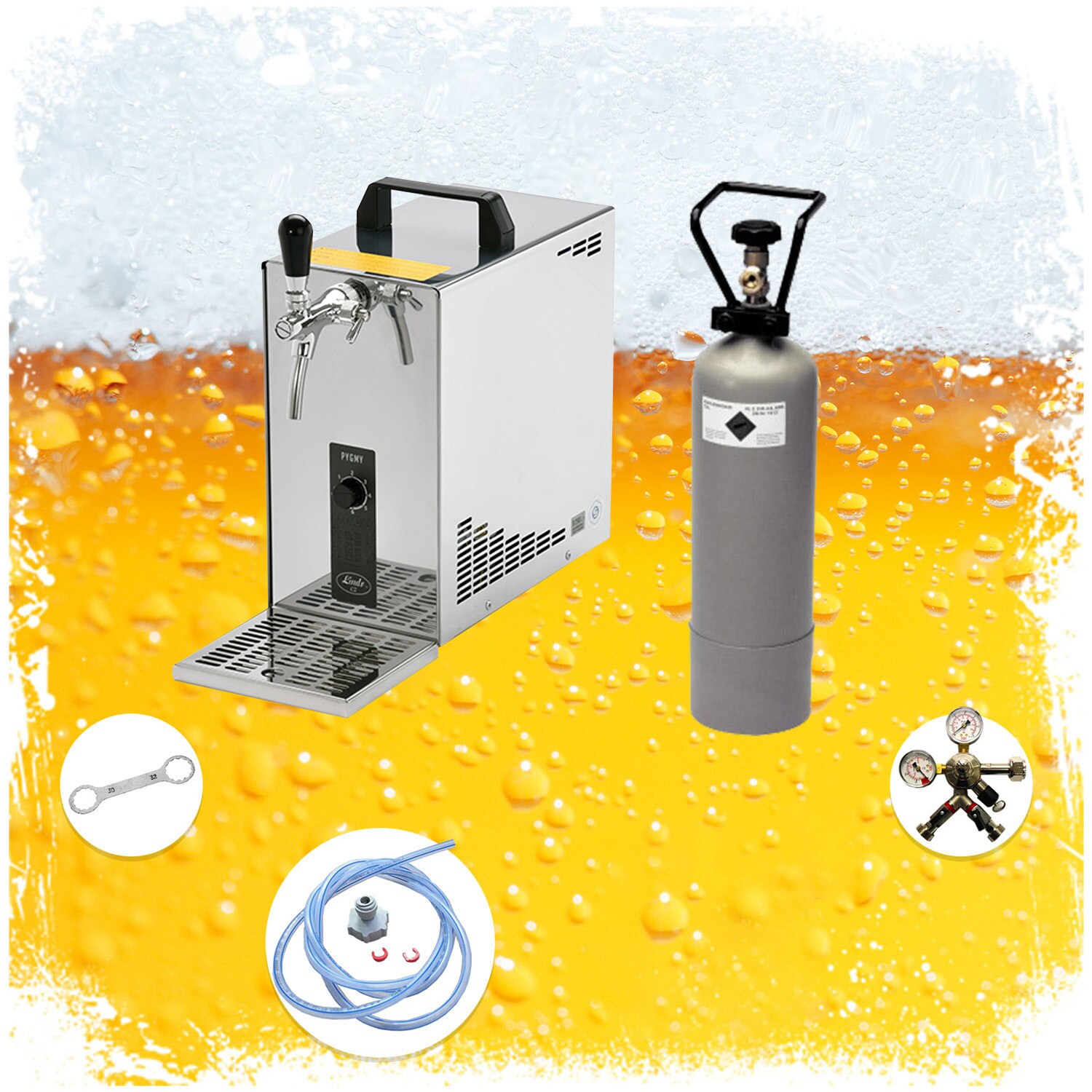 Komplett Set - Zapfanlage, Bierzapfanlage, Bierkoffer, Durchlaufkühler PYGMY 25 1-leitig Trockenkühler, 35 Liter/h, Zapfkopf:NC Adapter