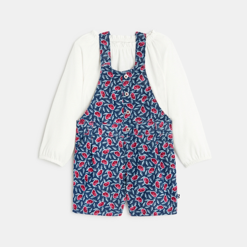 Salopette courte fleurie et blouse rose bébé fille