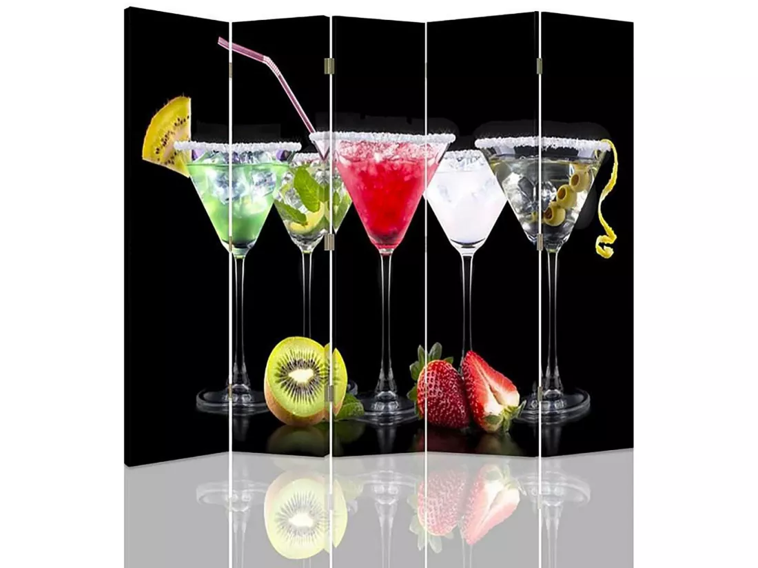 Paravent Diviseur de Chambre à Motifs Boissons Fruitées - 180 x 150 cm - 2 faces R° V° + rotation 360°