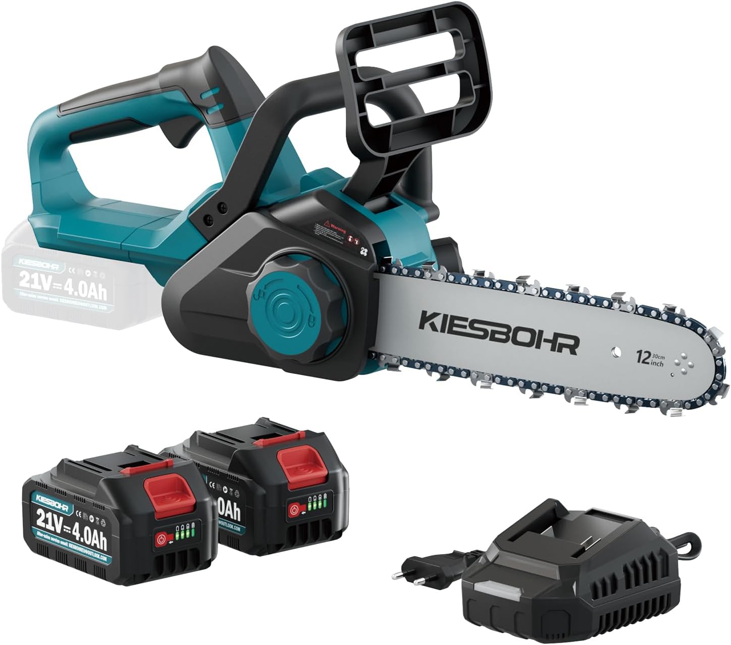 30cm Akku Kettensäge, 12 Zoll Bürstenlose Elektro Motorsäge mit Automatischer Kettenschmierung & Kettenspannung (21V, 2 Akkus 4000mAh, 2 Ketten)
