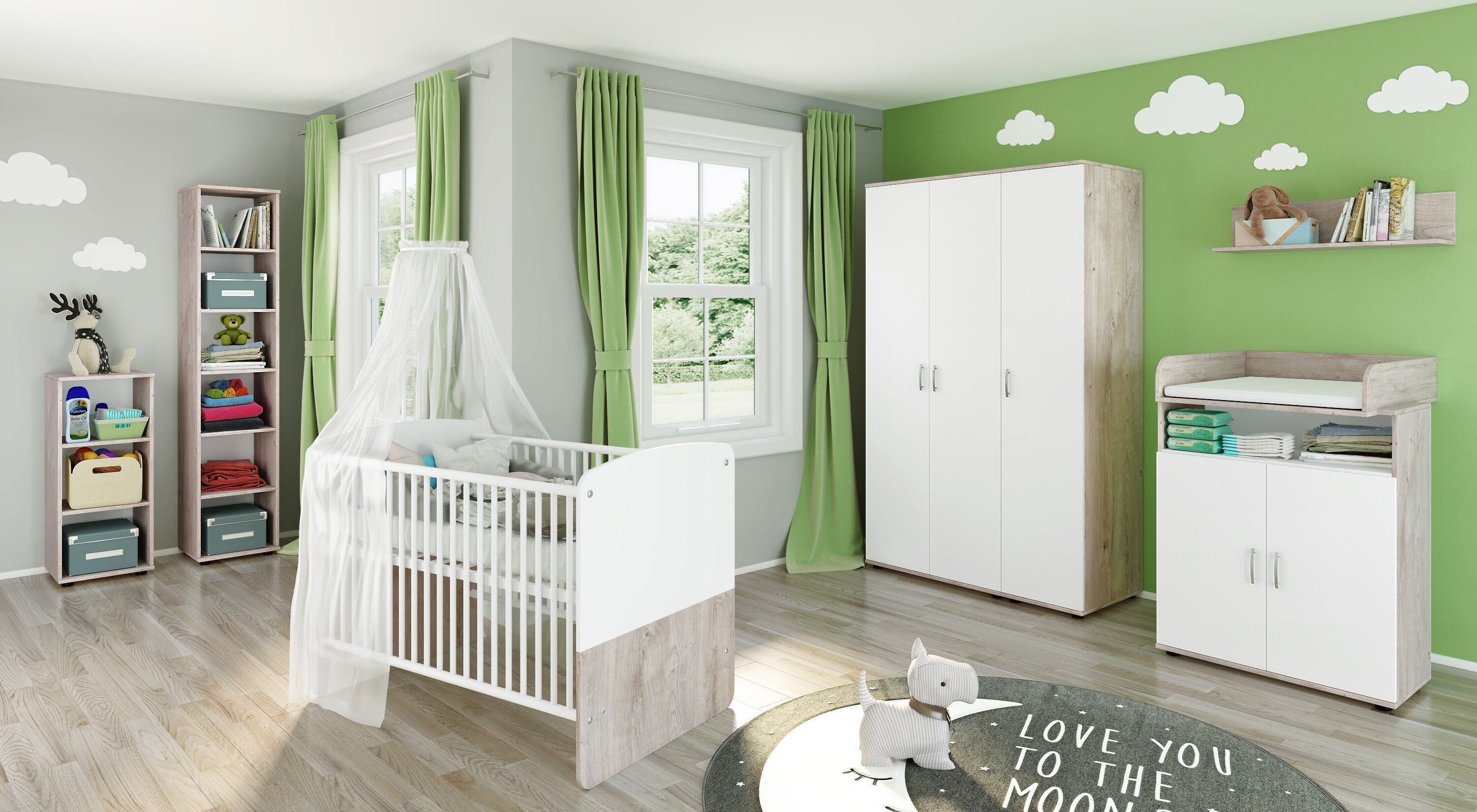 nonjoo. Babyzimmer Lani Kleiderschrank 3-trg., mit Fachböden, Kleiderstange und Wäschefächern
