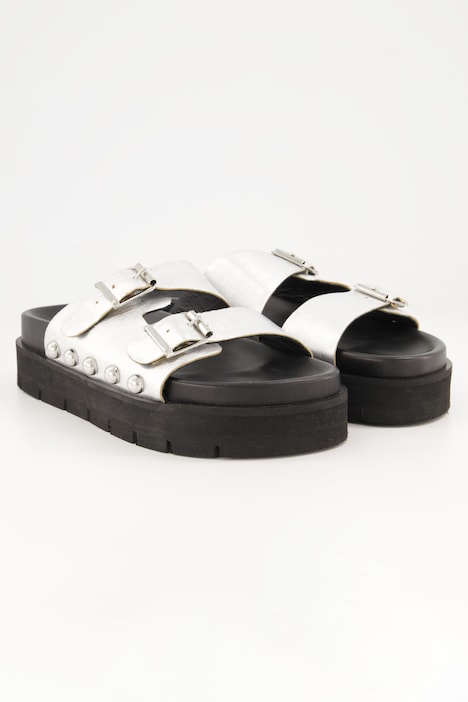 Leder-Pantolette, echtes Leder, goldene Nieten, Plateausohle