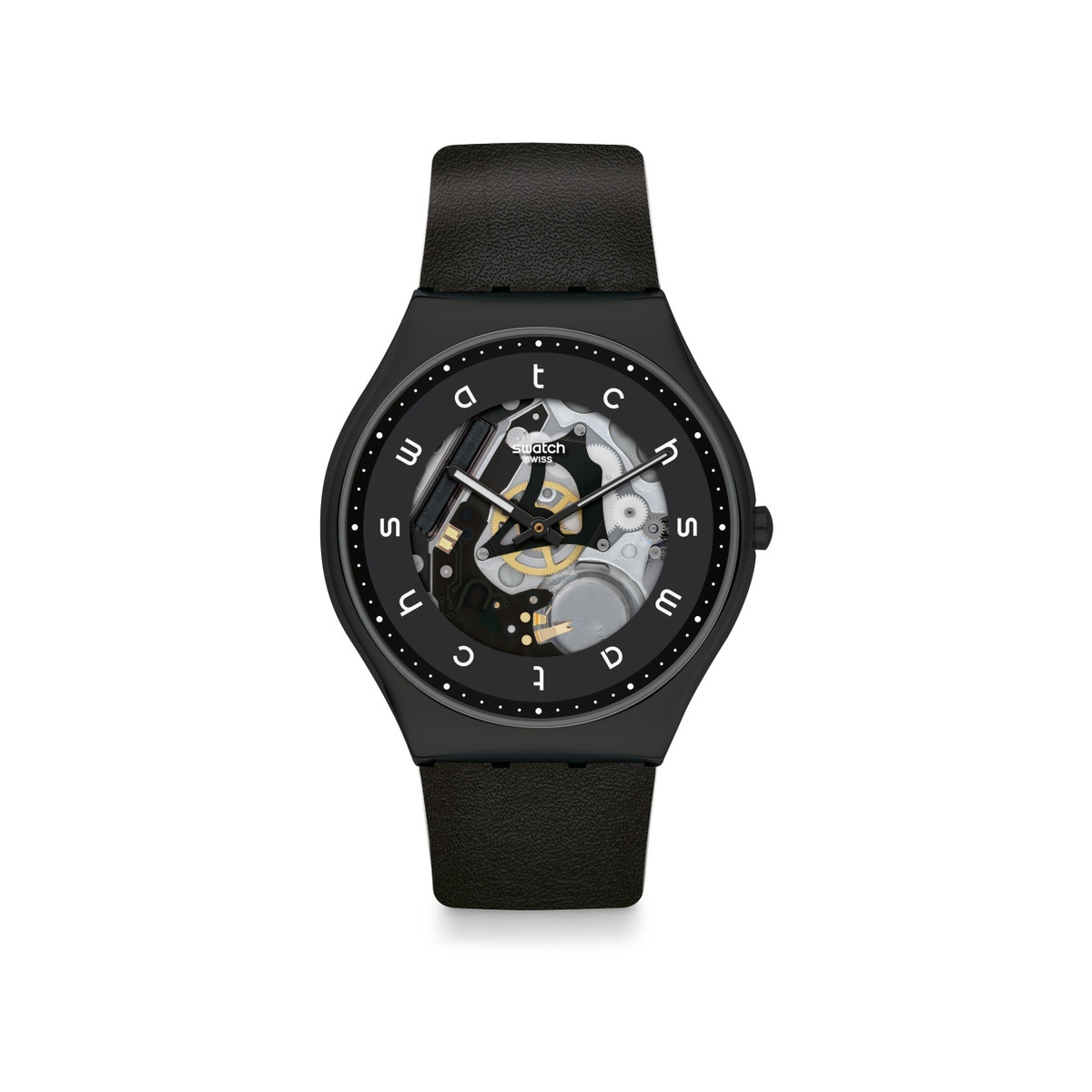 Montre Swatch mixte acier cuir noir