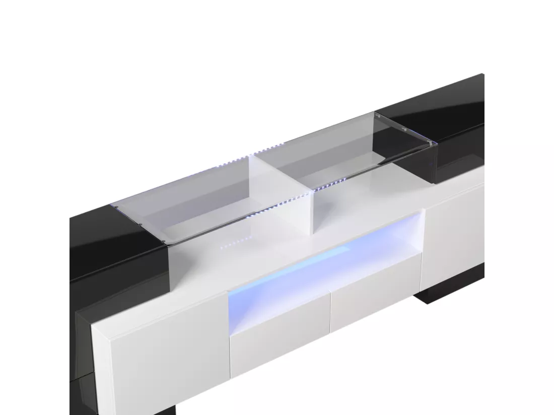 Meuble TV - 200x38x48cm - Blanc et noir brillant - 4 portes, 2 tiroirs, 3 compartiments