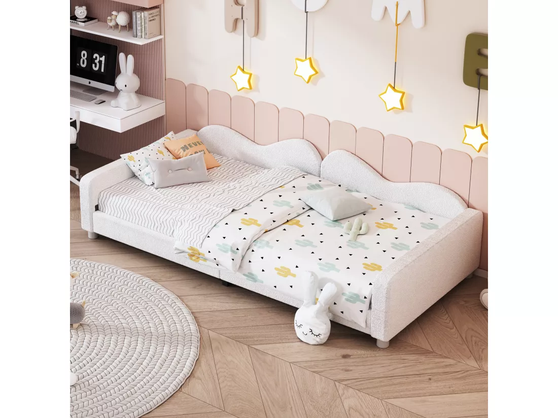 Lit banquette capitonné - 90 x 200 cm - 2 tiroirs - tissu peluche - sommier à lattes - pour enfant ou bébé - blanc