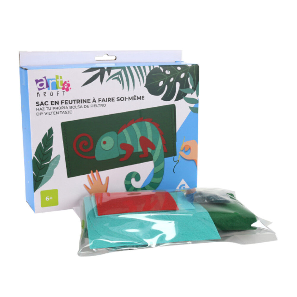 Sac DIY en feutrine à coudre motif caméléon vert et rouge