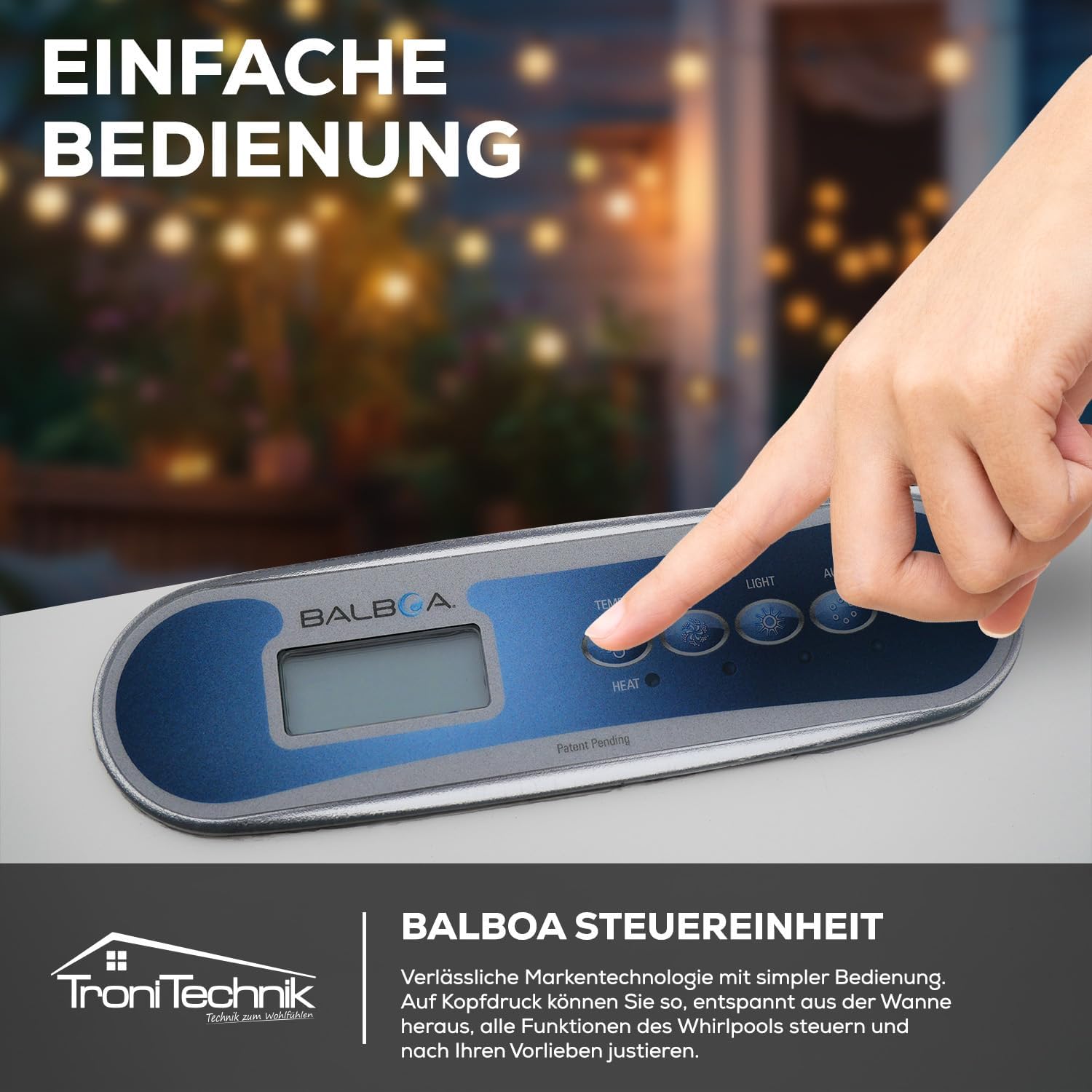Tronitechnik® Outdoor Whirlpool, 2 Personen, aus hochwertigem Sanitäracryl, Winterfest isoliert, Balboa Spa Heizung und Bedienung, 46 Massagedüsen, 2 Liegeplätze, LED, 620 Liter