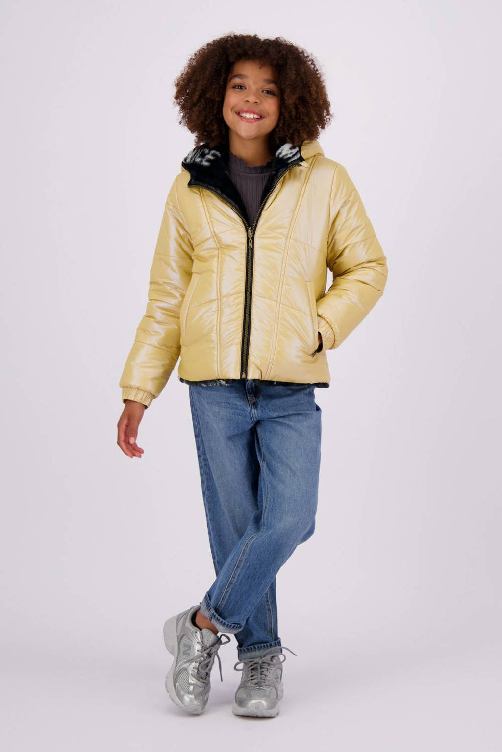 Vingino reversible gewatteerde imitatiebont winterjas Tabra goud/zwart/wit