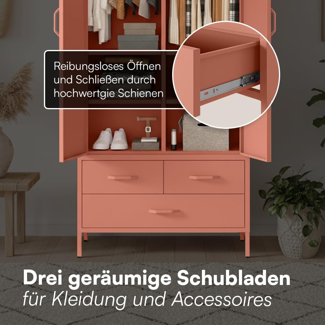 skølm Atria Kleiderschrank Metall – Metallschrank mit 6 Fächern, 2 Kleiderstangen & 3 Schubladen – Garderobenschrank in Terrakotta – Metallkleiderschrank 80 cm breit – Schlafzimmerschrank/Flurschrank