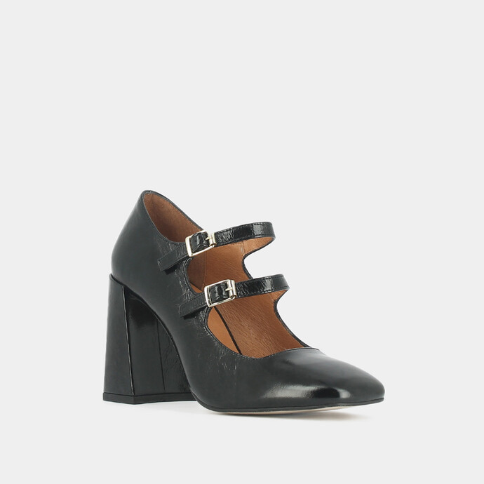 Babies à talons et brides  en cuir brillant noir