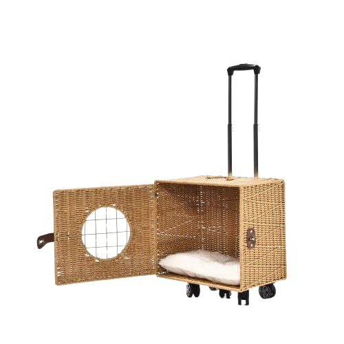 (45x40cm) Haustier Reise Trolley Transport Trage Korb mit Rollen für Hunde / Katzen - Braun