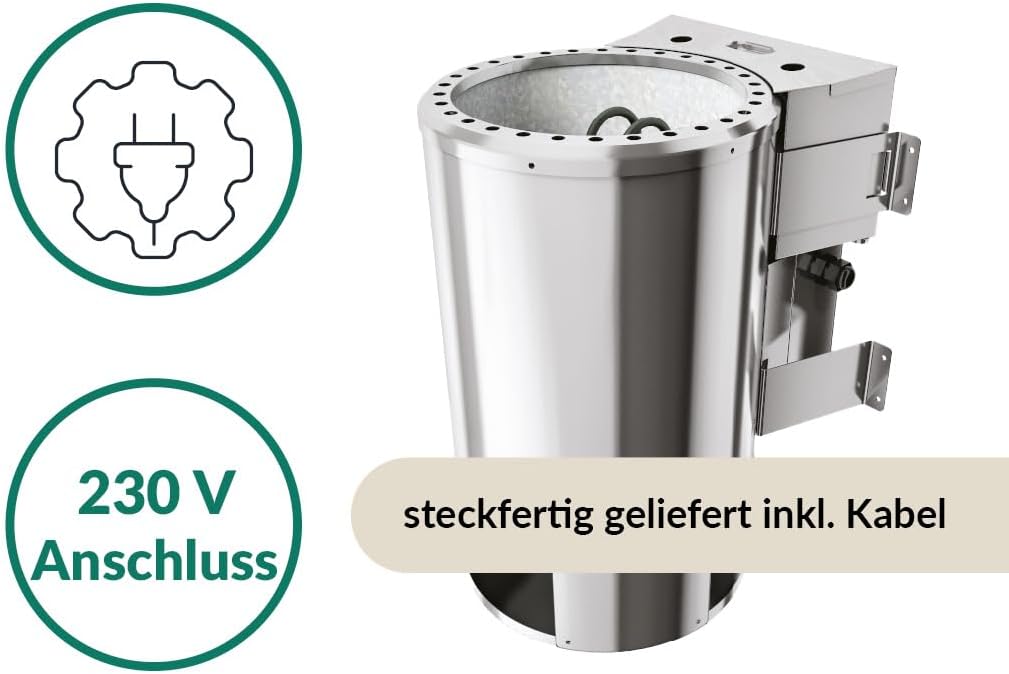 Karibu elektrisch Saunaofen 3,6 KW Bio Easy Plug&Play für externe Steuerung, ohne Saunasteine, ohne Steuerung
