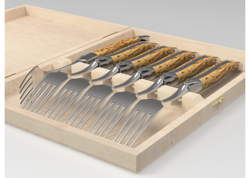 Service de 6 fourchettes Laguiole avec un manche en bois de bouleau et mitres en acier inoxydable