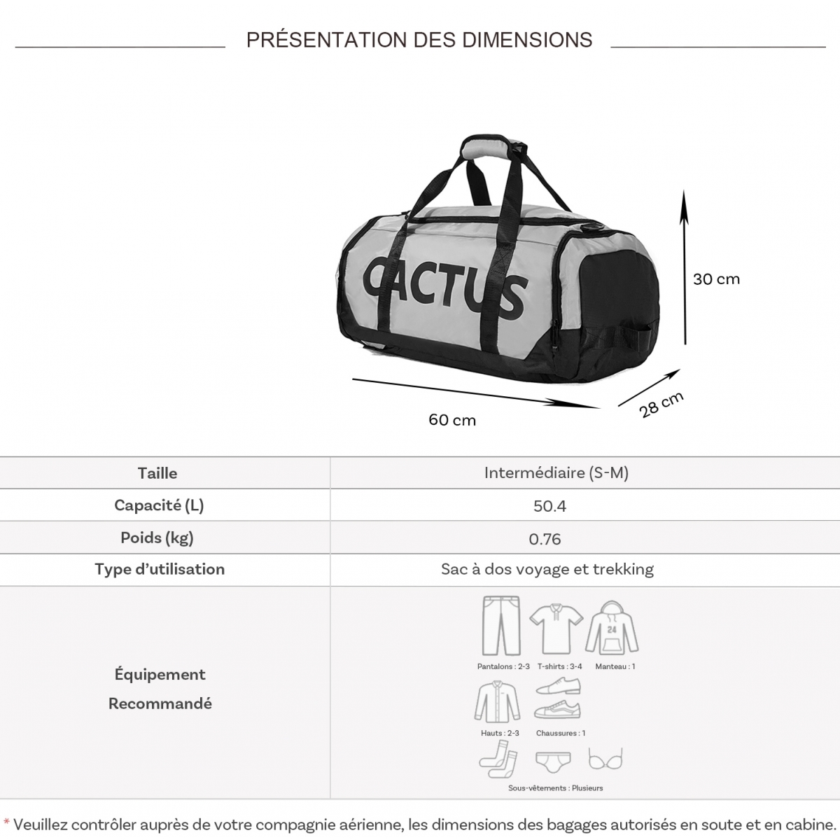 Cactus Sac de voyage week-end et sport 50L Cactus 2en1 porté dos sans roulettes