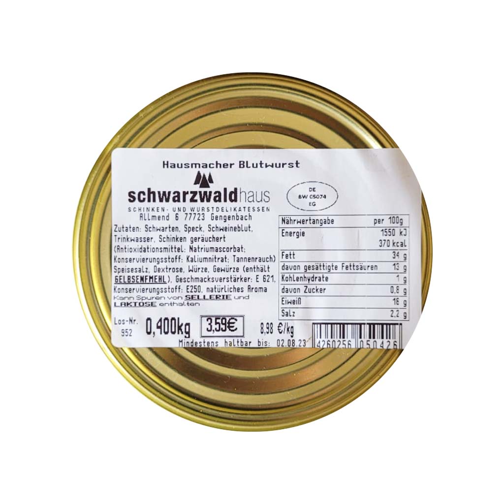 Schwarzwaldhaus Original Blutwurst 400g Goldglanzdose MHD:3.12.25