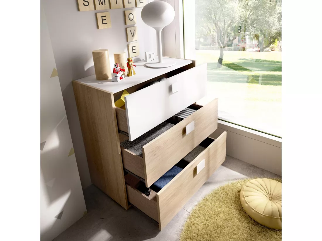 Commode Dmbay, Commode pour la chambre, Commode avec 3 tiroirs, 80x43h81 cm, Chêne et Blanc