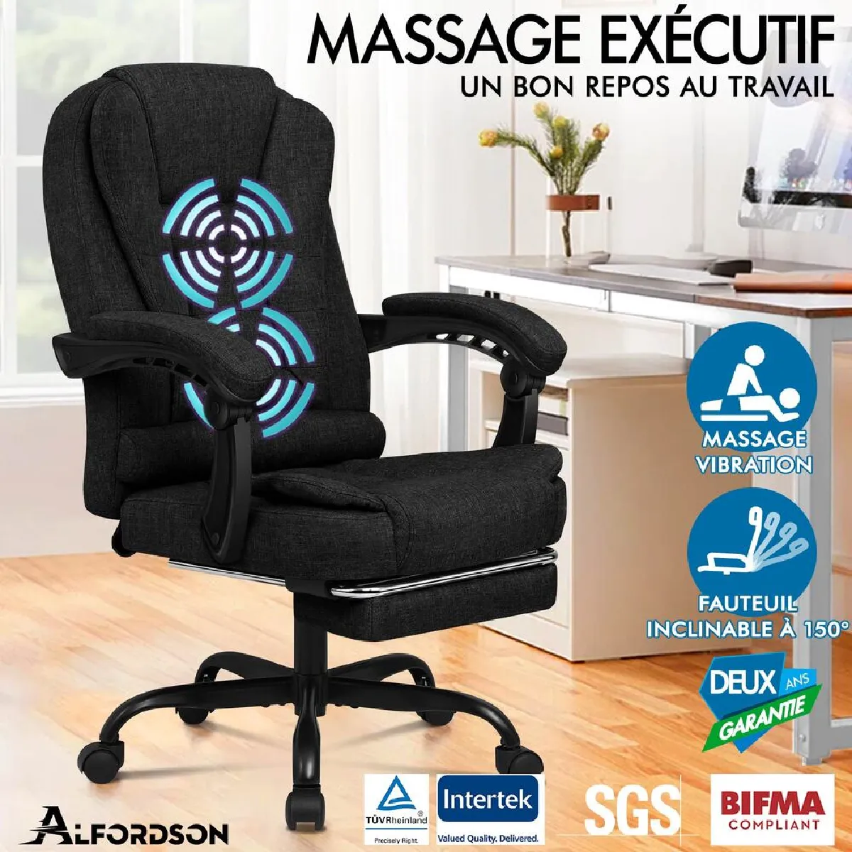 ALFORDSON Fauteuil Bureau de Massage - Noir