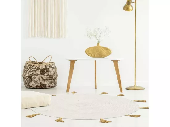 Tapis Rond Coton Pompon Beige 90cm