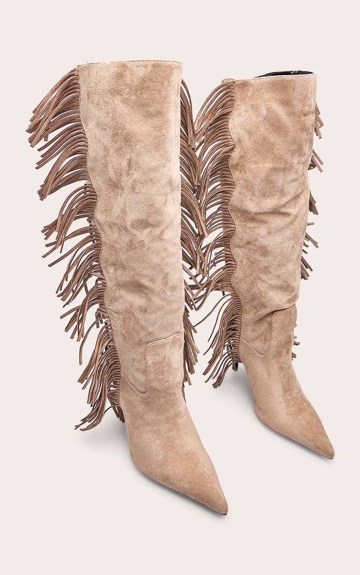 Taupe Bottes Hautes À Talons En Synthétique À Franges
