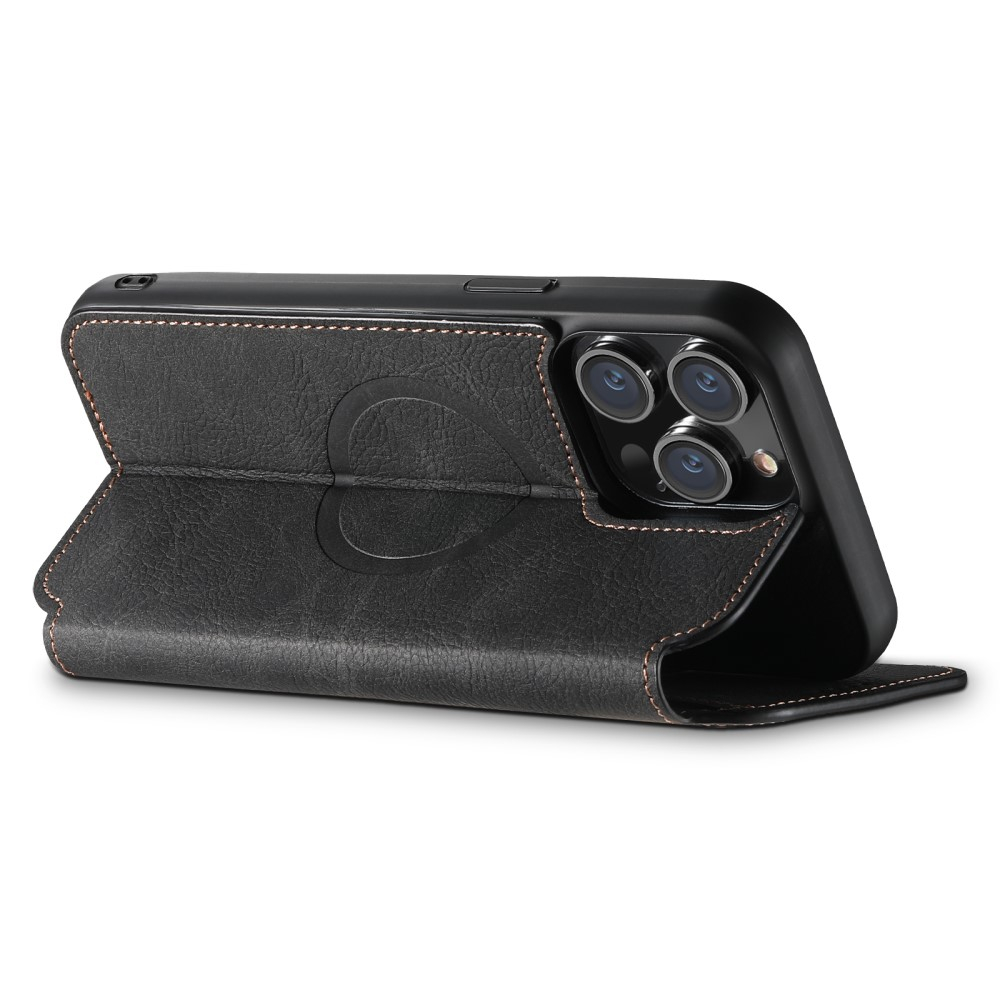 iPhone 14 Pro MagSafe Vintage Leder Tasche Flip Cover mit Kartenfächer - Schwarz
