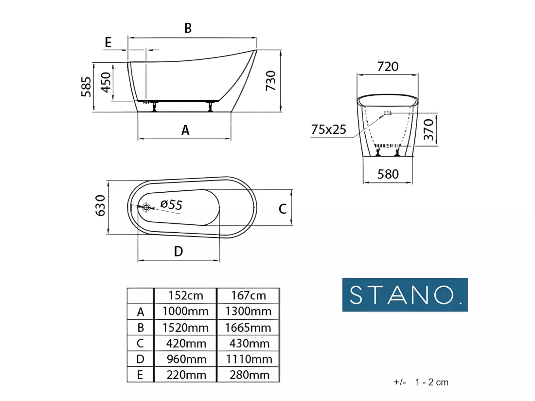 Baignoire îlot design ovale SUTTON blanche 152 cm