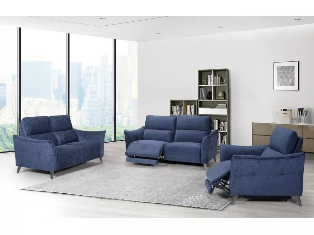 Canapé de relaxation électrique tissu chenillé doux et moelleux Bakay-Couleur Bleu foncé-3 places relax électrique