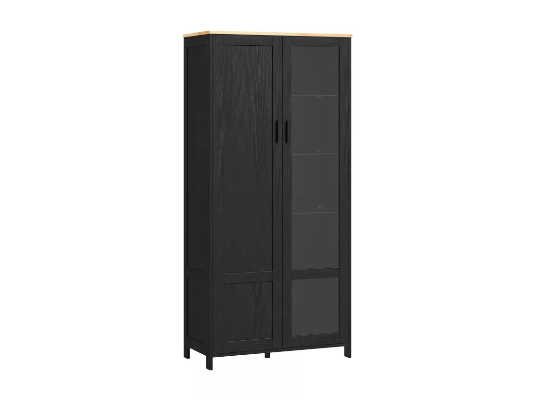 Armoire de rangement - 2 portes - 7 étagères - dim. 76L x 36l x 160H cm - noir aspect chêne clair verre