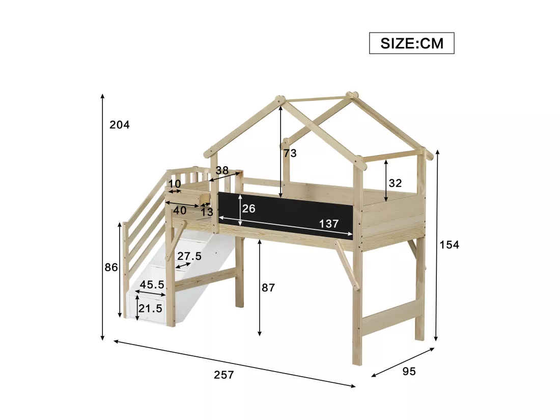 Lit mezzanine 90x200cm en bois - avec tableau noir et escalier de rangement - Naturel