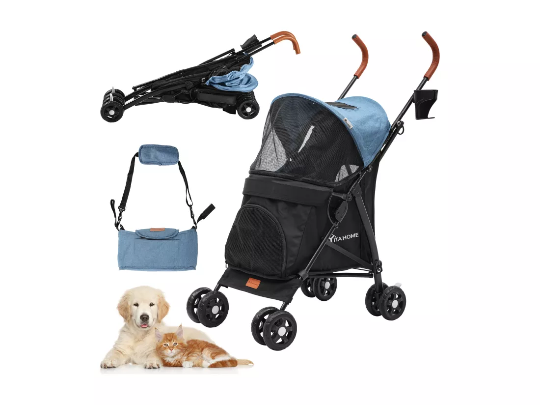 YITAHOME Poussette pour Chien Chat - Caisse de Transport Pliable avec 4 Roues - 11.3 kg Poussette avec fenêtres - Bleu