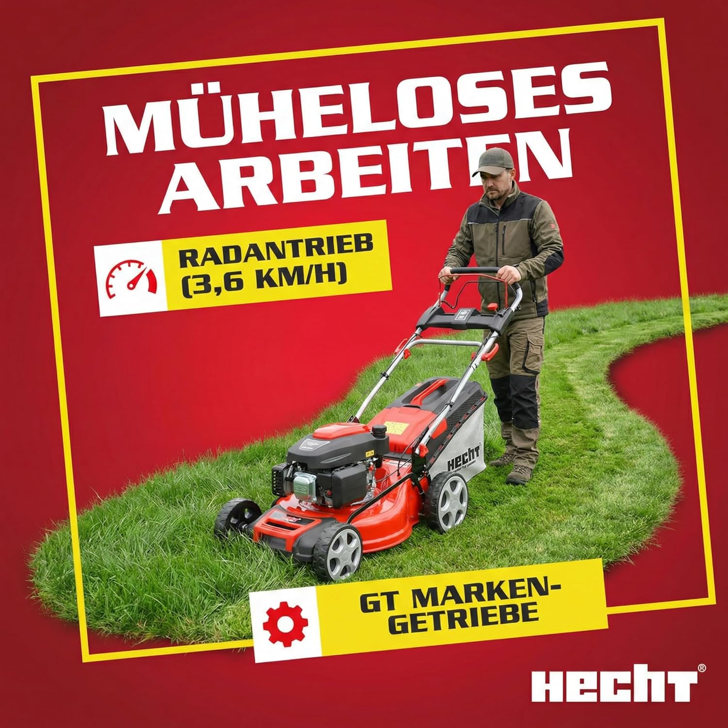 HECHT 5-IN-1 Benzin Rasenmäher – leistungsstarker 4 Takt Motor 4,0 kW (5,5 PS) – Elektrostart – 51 cm Schnittbreite – 65 l Fangkorb – Radantrieb – patentierte Räder – Mulchmäher Rasenmäher