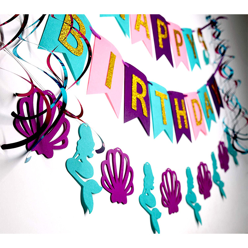 (85-tlg. Set) Happy Birthday Girlande Geburtstags Party Deko Meerjungfrau   Latex Ballons / Papier Lampions / Spiralen Girlanden - Lila / Türkis