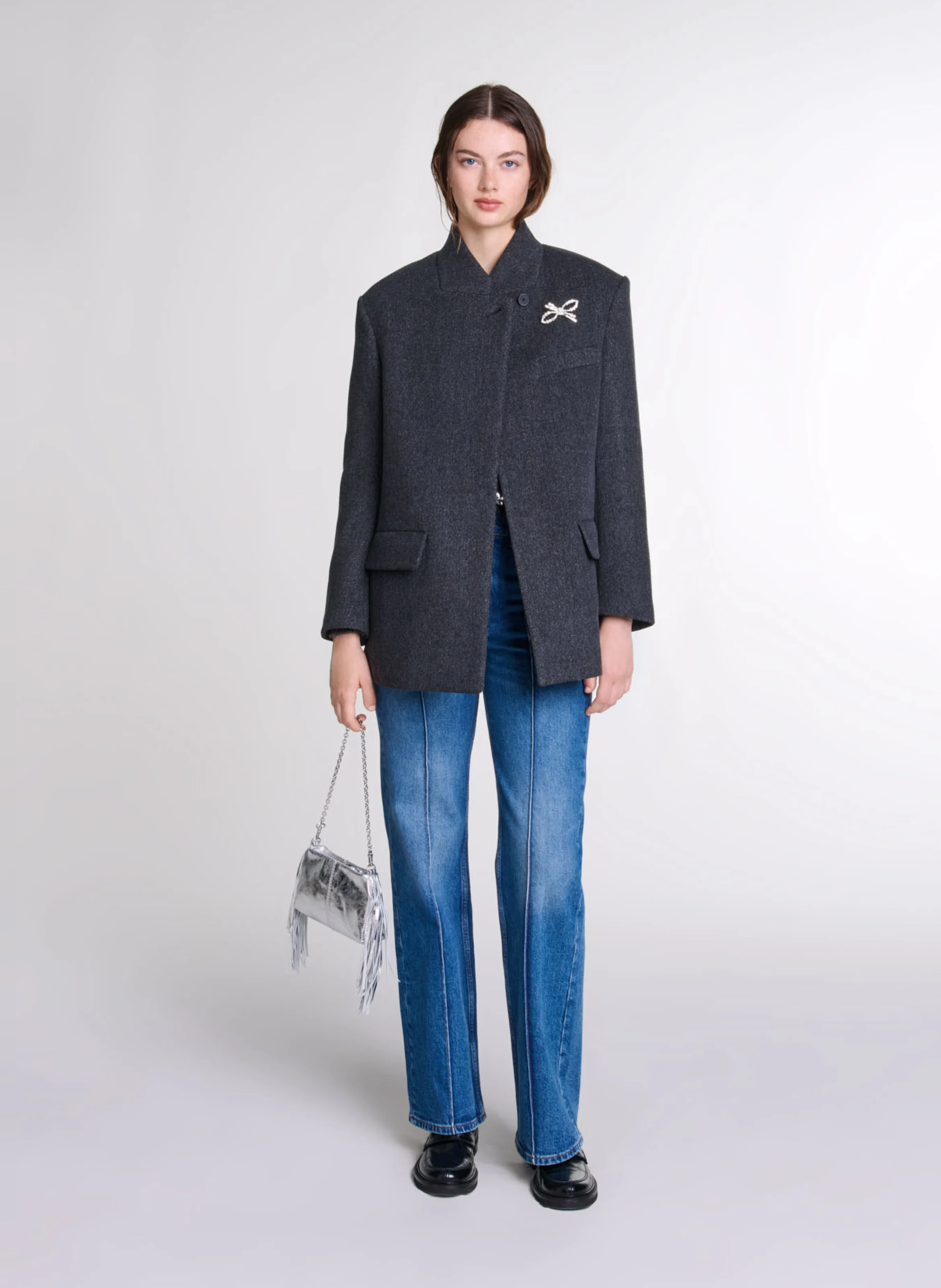 Manteau droit col montant en laine mélangée | Gris