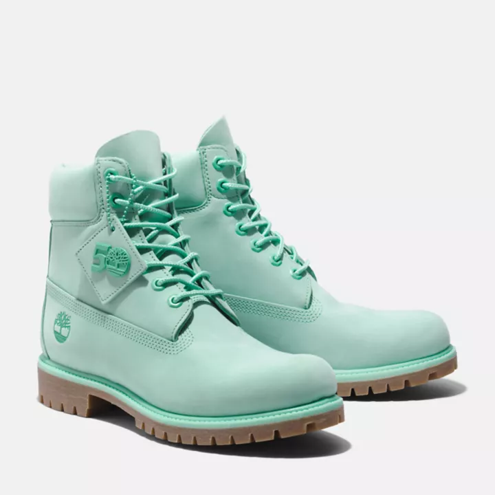 Botas Timberland Premium de 6 polegadas impermeáveis para homem, edição 50, na cor verde-azulada.