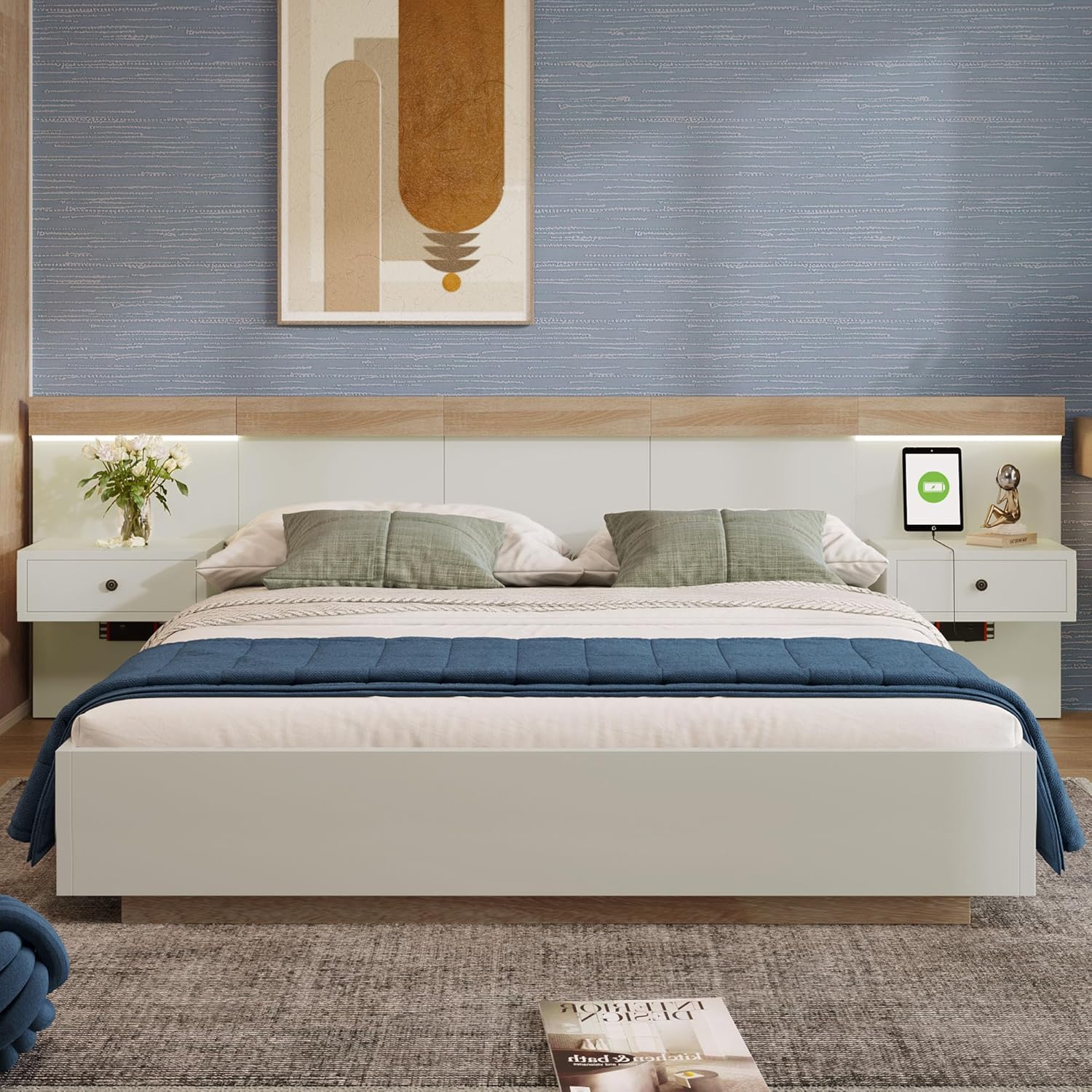 Doppelbett 180x200 cm, integriertes Kopfteil mit 2 LED Nachtkommoden und USB Ladefunktion, Holzbett Bettanlage mit Lattenrost, Funktionsbetten Rückenlehne Bettgestell, Ohne Matratze, Weiß+Eiche SF6772142