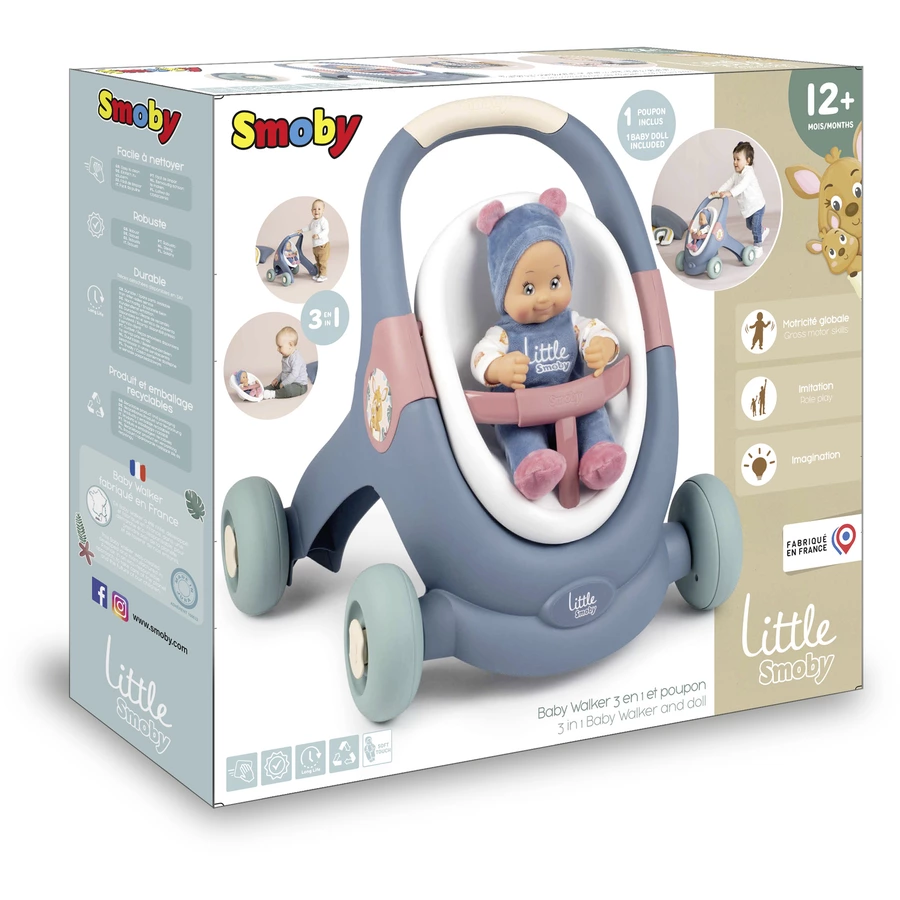 Little Smoby 3-in-1 Lauflern-Puppenwagen mit Schmusepuppe