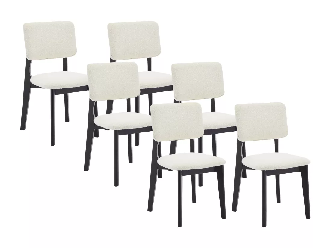 Lot de 6 chaises en tissu bouclette et bois d'hévéa - Blanc et Noir - JASMENA