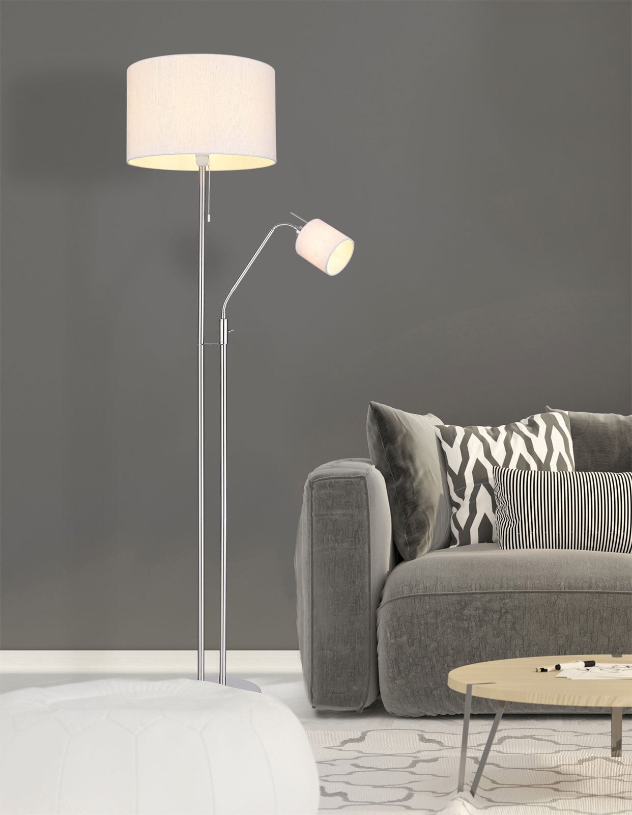 AVA Stehlampe braun, goldfarben, grau, D/H: 40 x 175 cm, Textil, Metall