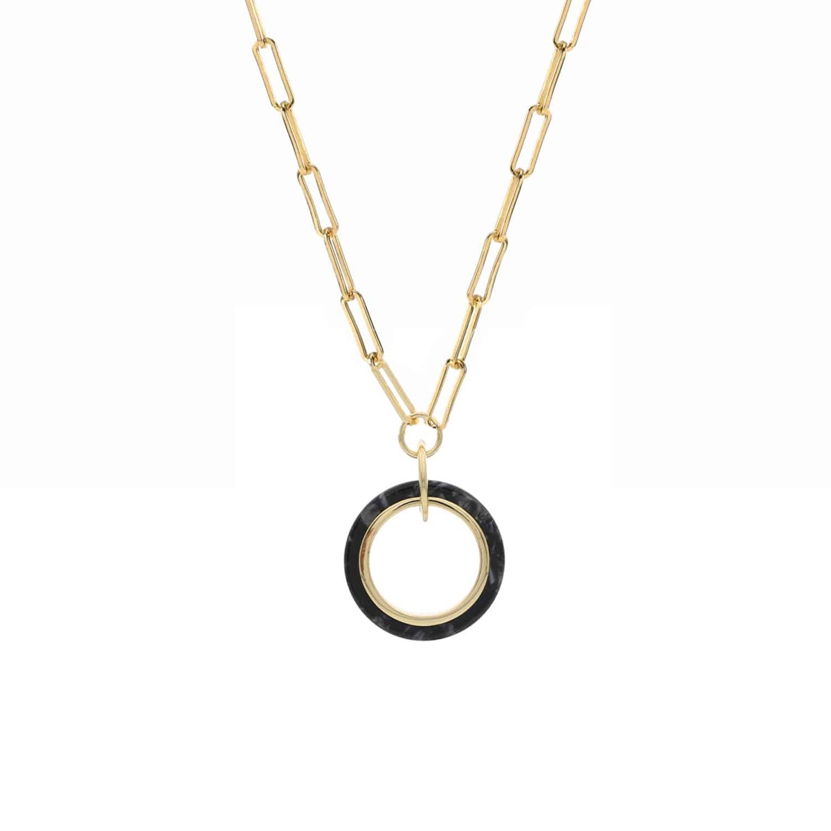 Collier En Argent Doré Et Pendentif Cercle En Acétate Noire