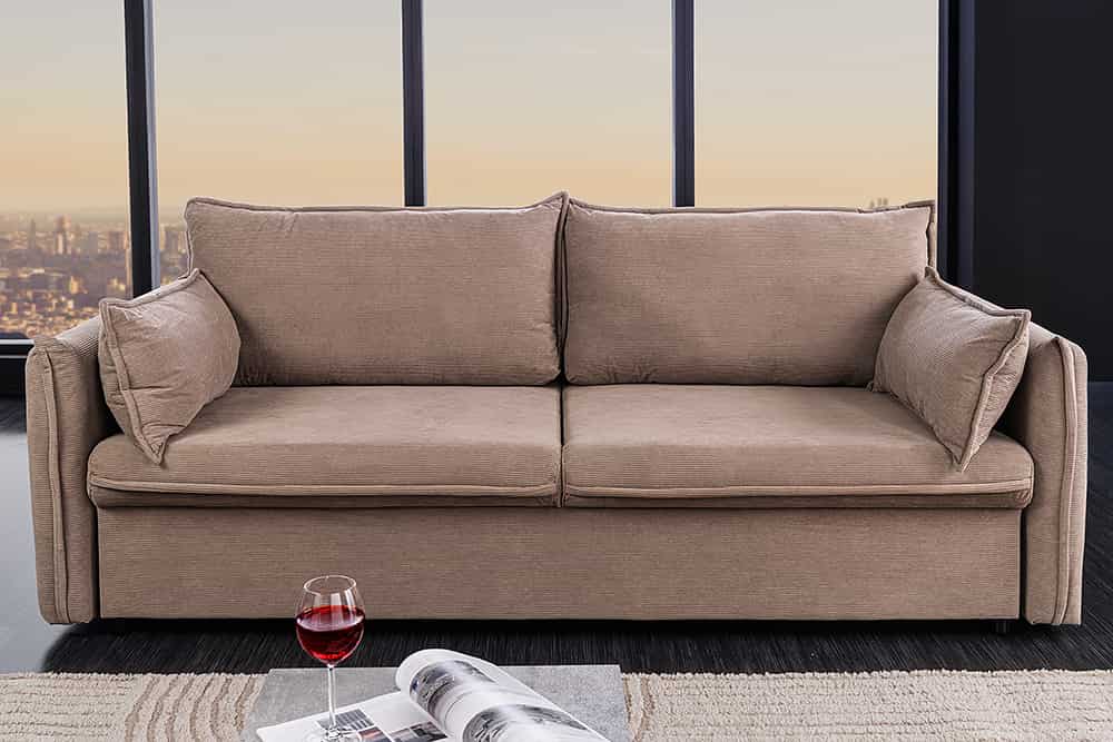 Design Schlafsofa APARTMENT 215cm taupe Cord 3-Sitzer Couch inkl. Bettkasten Kissen