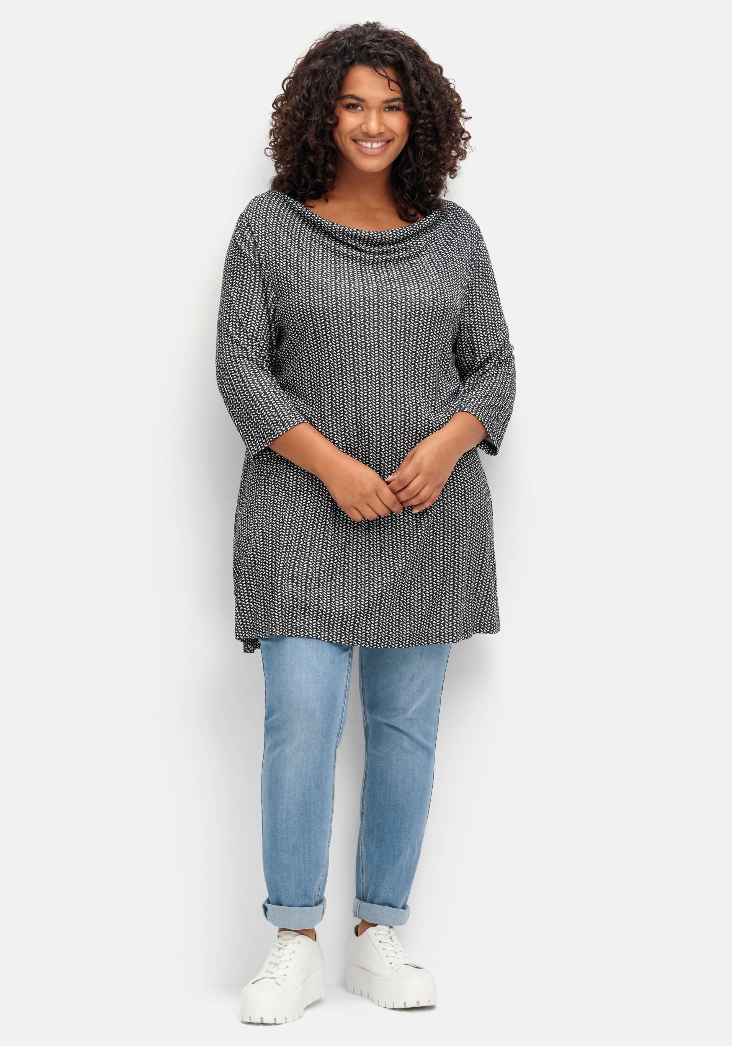 Longshirt mit Minimalprint und Wasserfallkragen