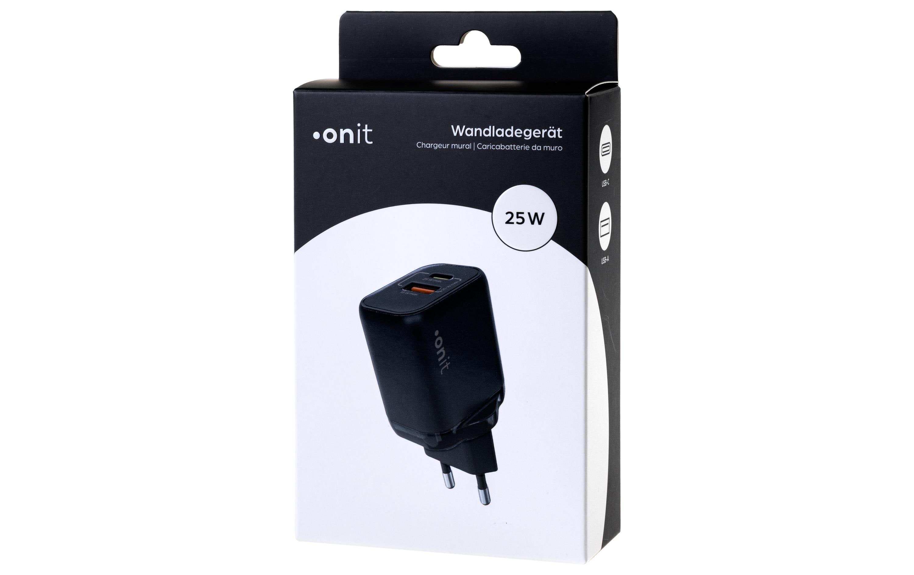 USB-Wandladegerät Dual 1C1A 25 W GaN SchwarzLadeadapter mit einem USB-C- und einem USB-A-Port
