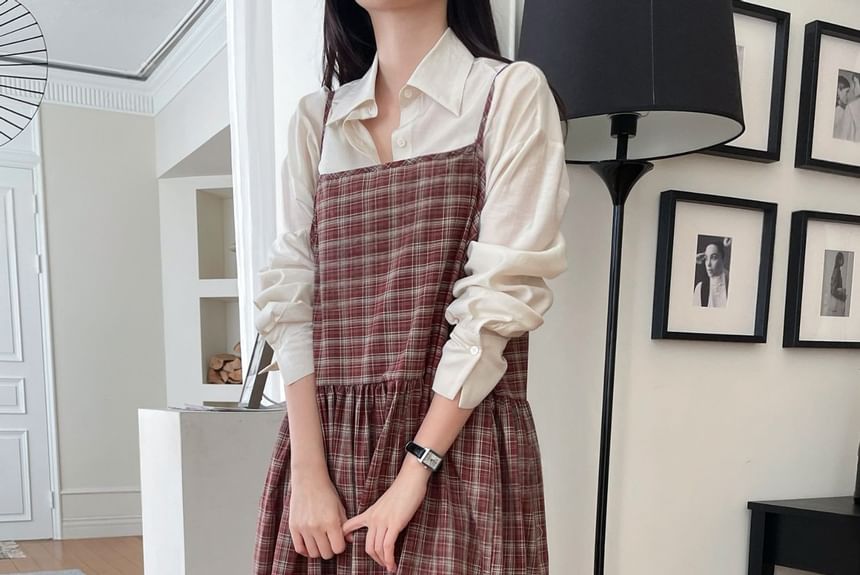 SeoulPop - Geruite midi-jurk met spaghettibandjes