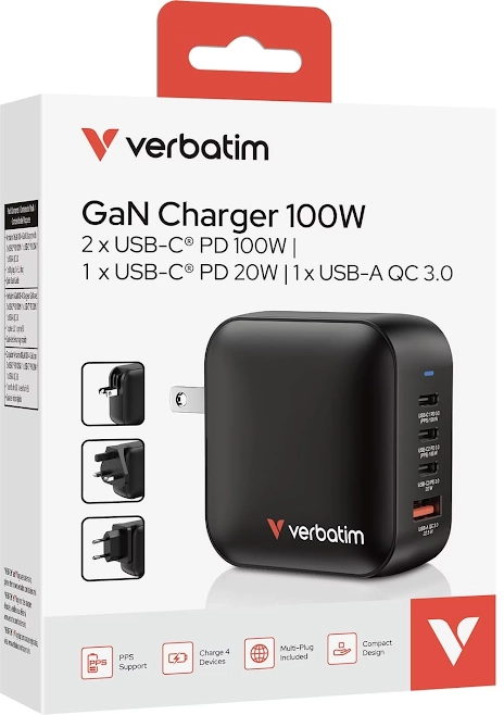 (100W) GaN 3-fach USB C / USB A World Travel Ladegerät Power Delivery Netzteil (32231) - Schwarz