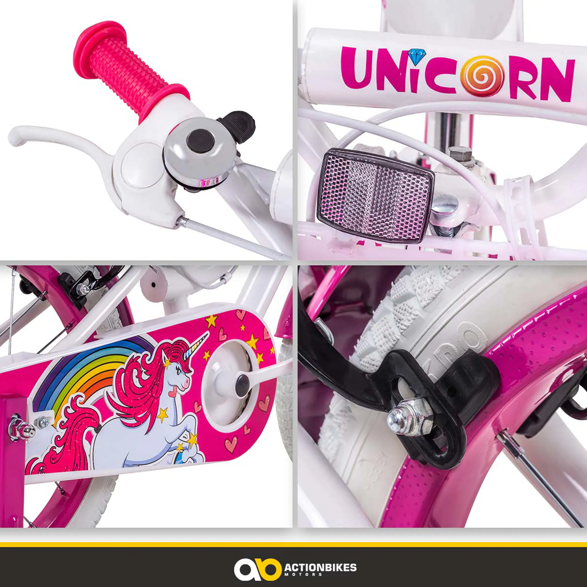 Actionbikes Kinderfahrrad Unicorn 16 Zoll, Pink, Einhorn-Design, Puppensitz, Stützräder, Fahrradkorb