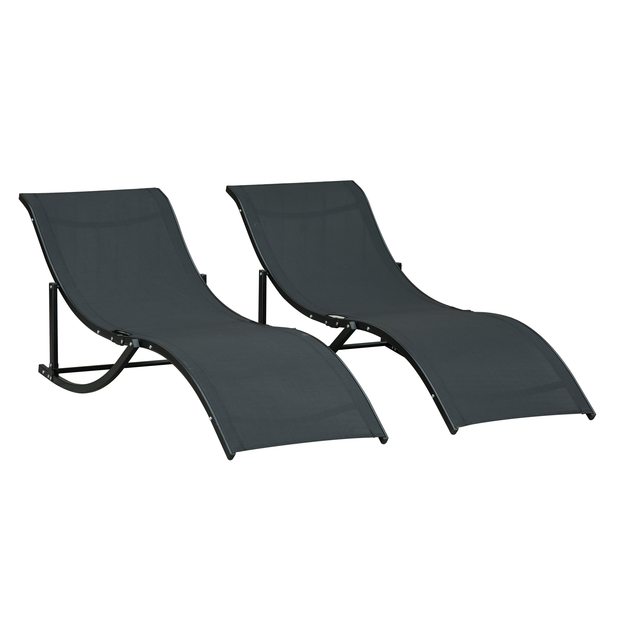 Espreguiçadeiras Outsunny 2 ergonômicas dobráveis em alumínio em formato de S com tecido Textilene para piscina, pátio, jardim e terraço, 165x61x63 cm, pretas.