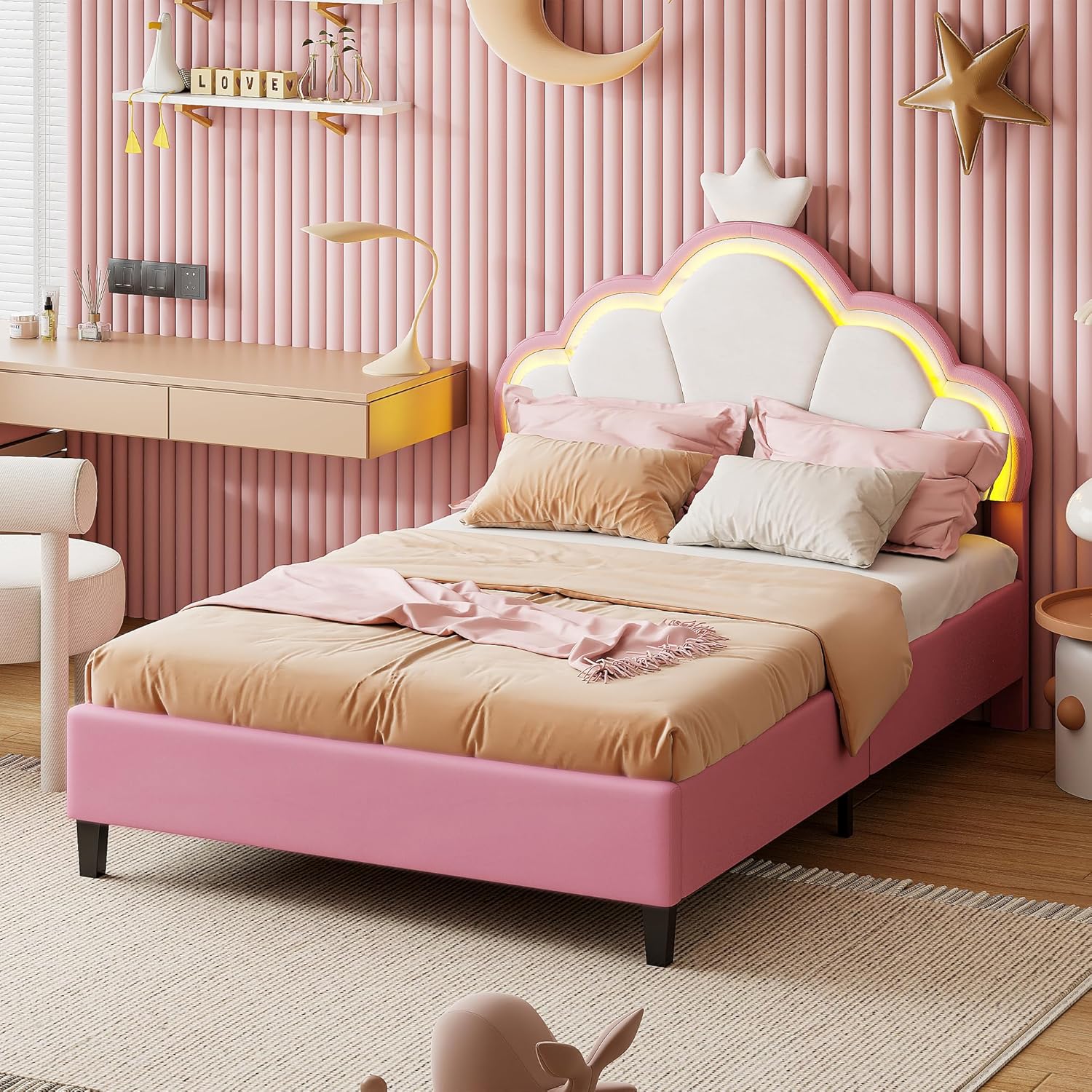Kinderbett 140x200, Polsterbett für Mädchen Kronen-Doppelbett mit verstellbarem Kopfteil, Bettrahmen mit Lattenrost, ohne Matratze,Rosa